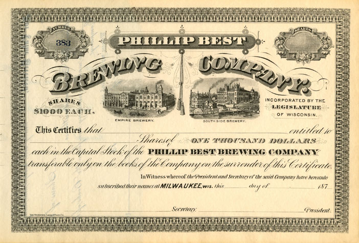 Phillip Best Brewing Co. - Unissued Stock Certificate